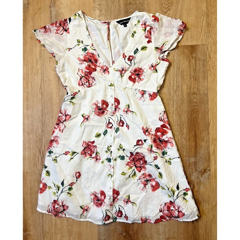 Sequin Hearts White Floral Mini Dress with Red Pink Blooms